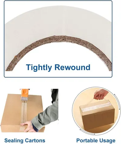 Communicates three distinct benefits of the packing tape in a segmented layout: the tape's tight rewound construction, its effectiveness for sealing cartons, and its portable/convenient usage.