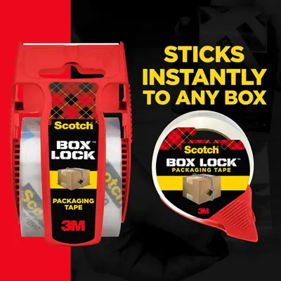 Communicates that the packaging tape sticks instantly to any box, emphasizing ease of use and strong adhesion for secure packaging.