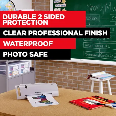 Communicates multiple key benefits of the laminating product in a visually segmented layout, reassuring shoppers that it offers comprehensive protection and professional quality for classroom and…