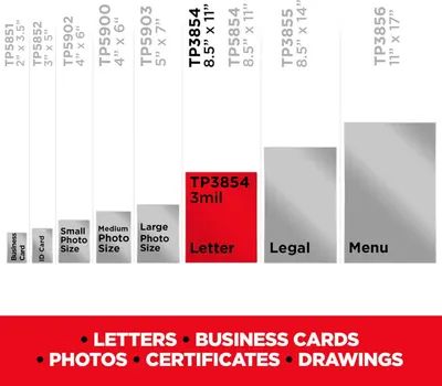 Demonstrates the range of available sizes for thermal laminating pouches, showing exact dimensions for each option to help shoppers select the right size for their documents, photos, or business…