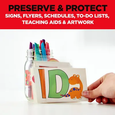 Demonstrates the product's versatility by showing it can be used to preserve and protect various types of educational and organizational materials including signs, flyers, schedules, to-do lists,…