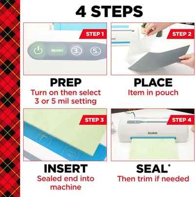 Provides clear step-by-step instructions on how to use the laminating machine, from turning it on and selecting settings to placing, inserting, and sealing items in pouches.