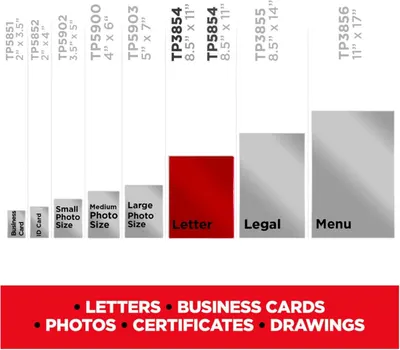 Demonstrates the range of sizes and formats the product can handle, from business cards to menu-sized documents, reassuring shoppers of its versatility for various printing or laminating needs.