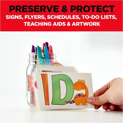 Demonstrates the versatility of the product by showing multiple applications where it can be used to preserve and protect various paper materials and teaching aids.