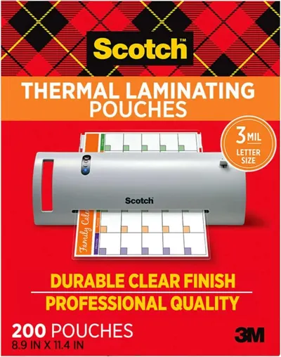 Communicates multiple key selling benefits of the laminating pouches including durability, professional quality finish, and specific sizing to help shoppers understand the product's value proposition.