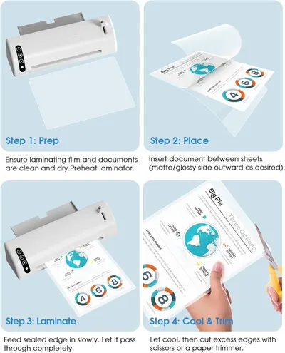 Provides clear step-by-step instructions on how to use the laminator, from preparation through trimming, to help shoppers understand the ease of use and proper operation.