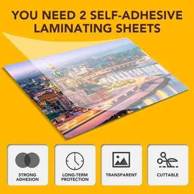 Communicates multiple key benefits of the laminating sheets through a visually segmented layout with four distinct feature callouts, reassuring shoppers of the product's quality, durability,…
