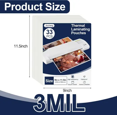 Communicates the exact physical dimensions of the thermal laminating pouches (9in x 11.5in, 3MIL thickness) to help shoppers understand the product size and compatibility with their needs.