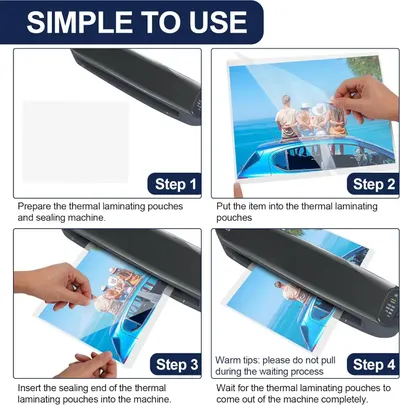 Demonstrates how to use the thermal laminating machine through a clear 4-step sequential process, reassuring shoppers that the product is easy to operate.
