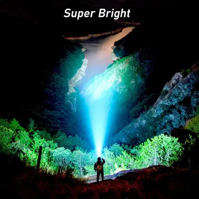 Demonstrates the flashlight's powerful brightness capability by showing it illuminating a large outdoor area at night, reassuring shoppers of its high-intensity performance.