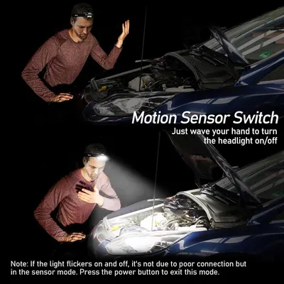 Demonstrates how to use the motion sensor feature by waving your hand to turn the headlight on/off, showing the product's ease of use in a real-world scenario. Highlights the hands-free motion…