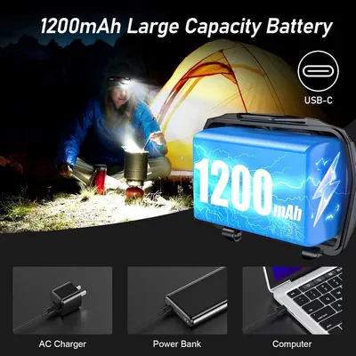 Highlights the product's large 1200mAh battery capacity to reassure shoppers of extended runtime and reliability for outdoor activities like camping. Demonstrates the product's versatility by…
