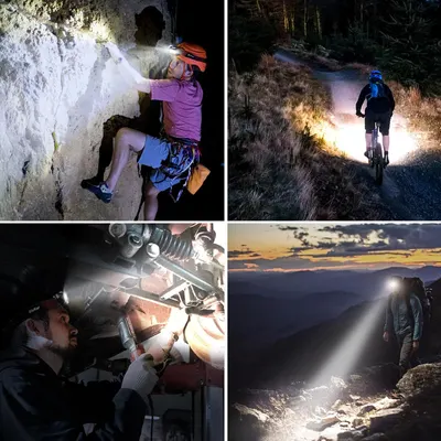 Demonstrates the versatility of the headlamp/flashlight across multiple outdoor and indoor use cases, showing shoppers it works for adventure sports, repairs, and nighttime activities.
