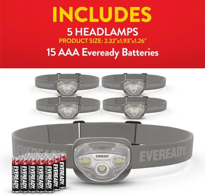 Shows everything included in the purchase—5 headlamps and 15 AAA Eveready batteries—to communicate the complete bundle value and reassure shoppers they have everything needed to use the product…