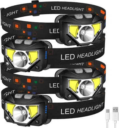 Shows the customer receives four LED headlamps plus a USB charging cable, emphasizing the value and completeness of the bundle.