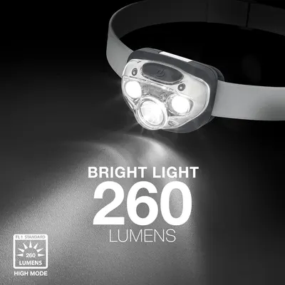 Communicates the headlamp's powerful brightness capability of 260 lumens to reassure shoppers of its high-performance illumination for outdoor activities and work. Highlights the product's bright…