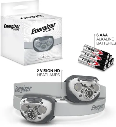 Shows the customer exactly what they will receive in the package: two headlamps and six AAA batteries, helping them understand the complete bundle value.