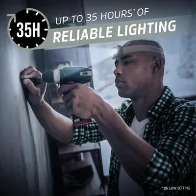Communicates the headlamp's impressive battery runtime to reassure shoppers they can rely on extended lighting for work or outdoor activities without frequent recharging. Highlights the key benefit…
