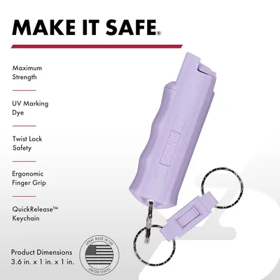 Communicates multiple distinct safety and usability features of the pepper spray product to reassure shoppers of its effectiveness, safety mechanisms, and convenience.