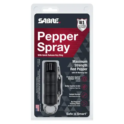 Communicates multiple distinct benefits of the pepper spray in a segmented layout with icons, highlighting strength, protection, ergonomics, quick access, and training resources to reassure shoppers…