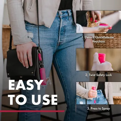 This image demonstrates the three-step process for using the personal safety spray product, showing shoppers how simple and quick it is to detach, unlock, and deploy the device in an emergency.