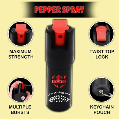 Communicates multiple distinct benefits of the pepper spray in a segmented layout, highlighting its strength, safety lock, burst capability, and portability to reassure shoppers of its comprehensive…
