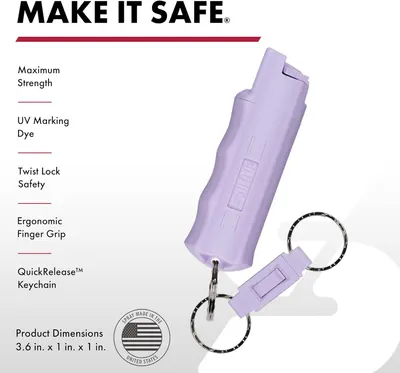 Communicates multiple safety and usability features of the pepper spray product to reassure shoppers about its effectiveness, safety mechanisms, and convenience. Provides exact physical dimensions…