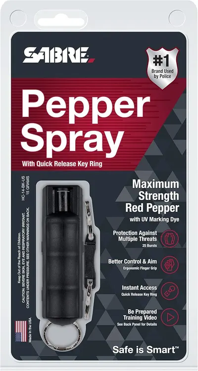Communicates multiple distinct benefits of the pepper spray in a segmented layout with icons, highlighting its strength, protection capability, ergonomic design, quick access feature, and training…