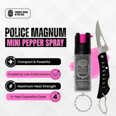 Communicates multiple key selling benefits of the pepper spray in a segmented layout to reassure shoppers of its effectiveness, credibility, strength, and longevity.