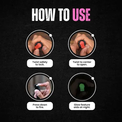 Provides step-by-step instructions on how to safely operate the product, including locking, opening, firing, and using the glow feature for nighttime visibility. Highlights multiple distinct product…