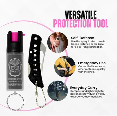 Demonstrates the multiple use cases for this versatile protection tool, showing it can be used for self-defense with spray or knife, emergency situations like cutting seatbelts, and everyday carry…