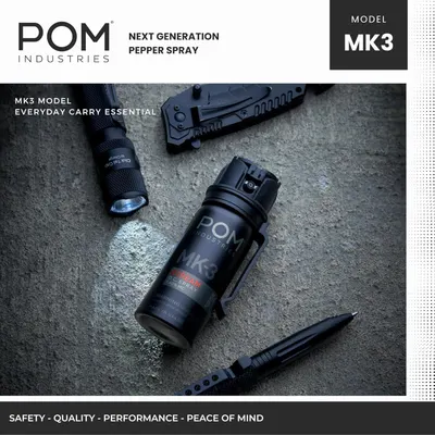 Showcases the POM Industries brand and the MK3 model pepper spray as part of their everyday carry product line, building brand recognition and positioning the product within their portfolio.
