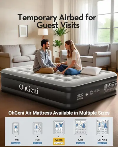 Demonstrates the product's use case as a temporary guest bed while showing the multiple size options available to fit different needs and spaces. Shows the air mattress in a real-world living room…