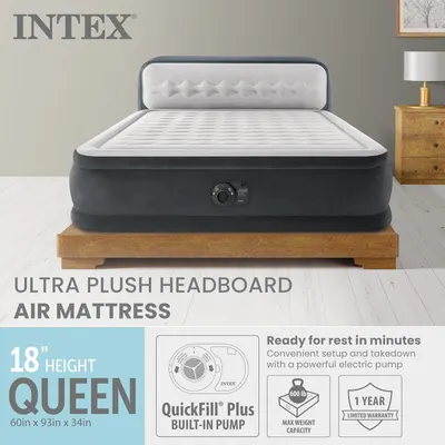 Communicates multiple key selling points of the air mattress including its plush headboard design, queen size dimensions, quick inflation system, weight capacity, and warranty coverage to help…