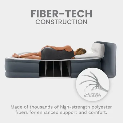 Demonstrates the internal construction technology of the air mattress, showing the fiber-tech support system that provides enhanced support and comfort, reinforced by a U.S. patent reference to…