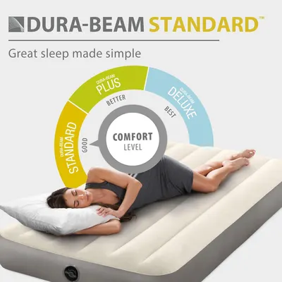 Introduces the Dura-Beam Standard brand and showcases the product line options (Standard, Plus, Deluxe) with a comfort level hierarchy to help shoppers choose the right mattress tier for their needs.