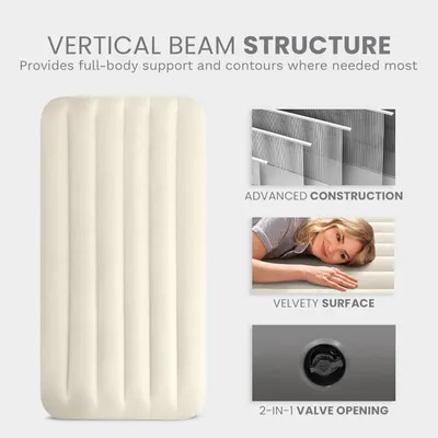 This image breaks down the key structural and material components of the air mattress, highlighting the vertical beam support system, internal construction, surface texture, and valve mechanism to…
