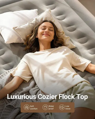 Communicates three distinct product benefits in a segmented layout to show the mattress topper provides comfort, protection, and quiet sleep.
