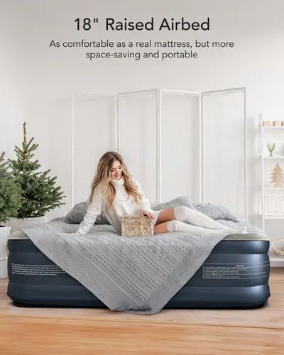 Positions the airbed as a holiday gift option by featuring seasonal decor (Christmas tree, gift box) to appeal to shoppers looking for seasonal purchases or guest accommodations during the holidays.…