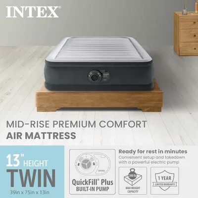 Communicates multiple key selling benefits of the air mattress in a segmented layout, including size specifications, quick setup convenience, weight capacity, and warranty coverage to reassure…