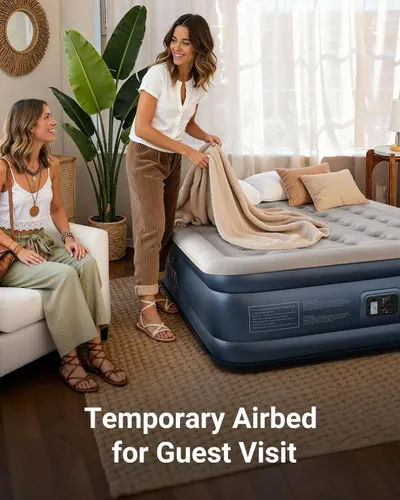 Demonstrates a specific use case for the airbed—providing temporary sleeping arrangements for guests—to help shoppers visualize how the product fits into their lifestyle and solves a common hosting…
