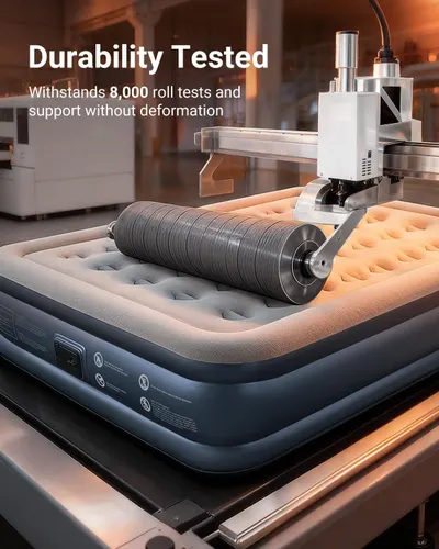 Communicates the product's exceptional durability through a quantifiable performance claim, reassuring shoppers that the air mattress can withstand extensive use without structural failure.…