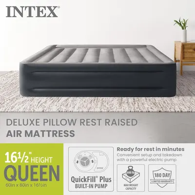 Communicates multiple key selling points of the air mattress including its raised height, quick setup with built-in pump, high weight capacity, and warranty coverage to reassure shoppers of quality…