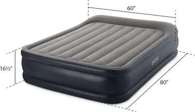 Communicates the exact physical dimensions of the air mattress (60" x 80" x 16½") to help shoppers understand if it will fit their space and needs.
