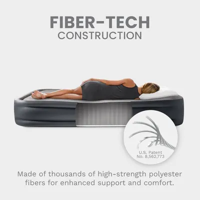 Highlights the internal fiber-tech construction of the air mattress to communicate superior support and durability through patented high-strength polyester fibers. Communicates the key benefit of…