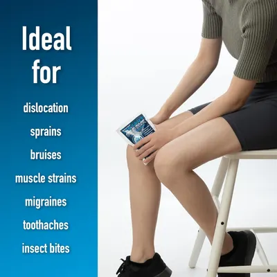 Demonstrates the versatility of the ice pack by showing it can be used for multiple types of pain and injuries, including dislocations, sprains, bruises, muscle strains, migraines, toothaches, and…