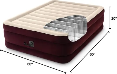 Communicates the exact physical dimensions of the air mattress (60 inches x 80 inches x 20 inches) to help shoppers understand the size and ensure it fits their space and needs. Reveals the internal…