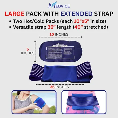 Communicates the exact physical dimensions of the hot/cold packs and strap length to help shoppers understand the product size and fit for their needs. Shows everything included in the package—two…