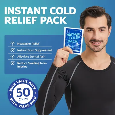 Communicates multiple distinct benefits of the instant cold relief pack through a visually segmented checklist layout, showing shoppers the versatility and range of pain relief applications.…