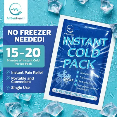 Communicates multiple distinct benefits of the instant cold pack in a visually segmented layout, emphasizing convenience, portability, and therapeutic applications to reassure shoppers of its…